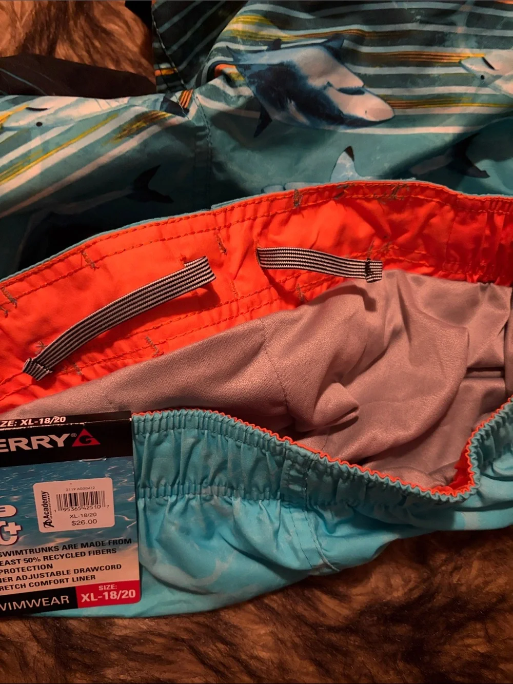 Gerry Shark Print Swim Shorts with Black and Orange Hem Stripes Size XL 18/20